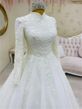 Elegant High Neck Muslim Wedding Dress Lace Long Sleeves Ivory Arabic Ball Gowns Tulle Bridal Dresses Robe De Mariage